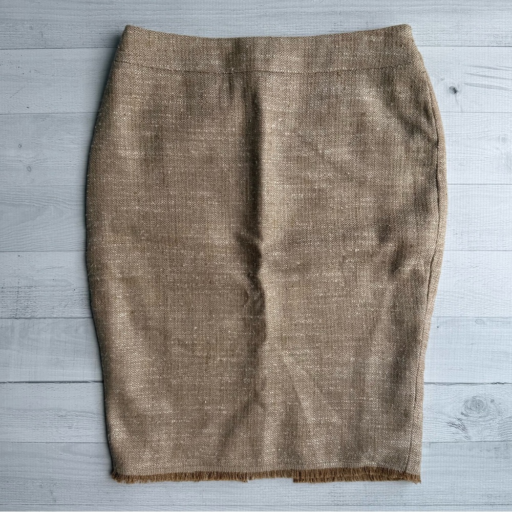 Vintage Escada Silk & Linen Tan Tweed Pencil Skirt with Fringe Detail Size 34